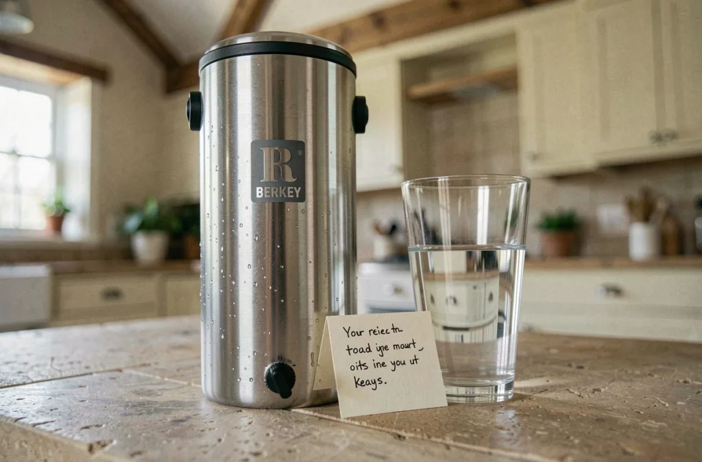 Gros plan sur un filtre à eau Berkey en inox avec verre d'eau filtrée et note manuscrite d'avis