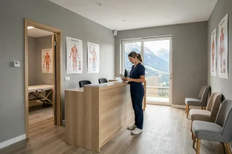 Cabinet de kinésithérapie moderne en Haute-Savoie avec une physiothérapeute professionnelle à l'accueil