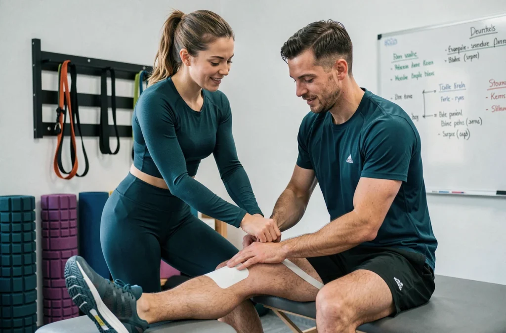 Kinésithérapeute du sport appliquant du taping sur le genou d'un coureur dans le cabinet Physiosport74 à Seynod