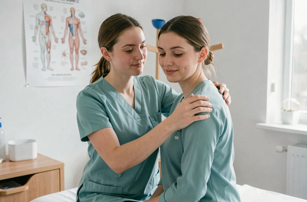 Léna Angot-Declercq, ostéopathe à Agnetz, prodiguant des soins manuels à un patient