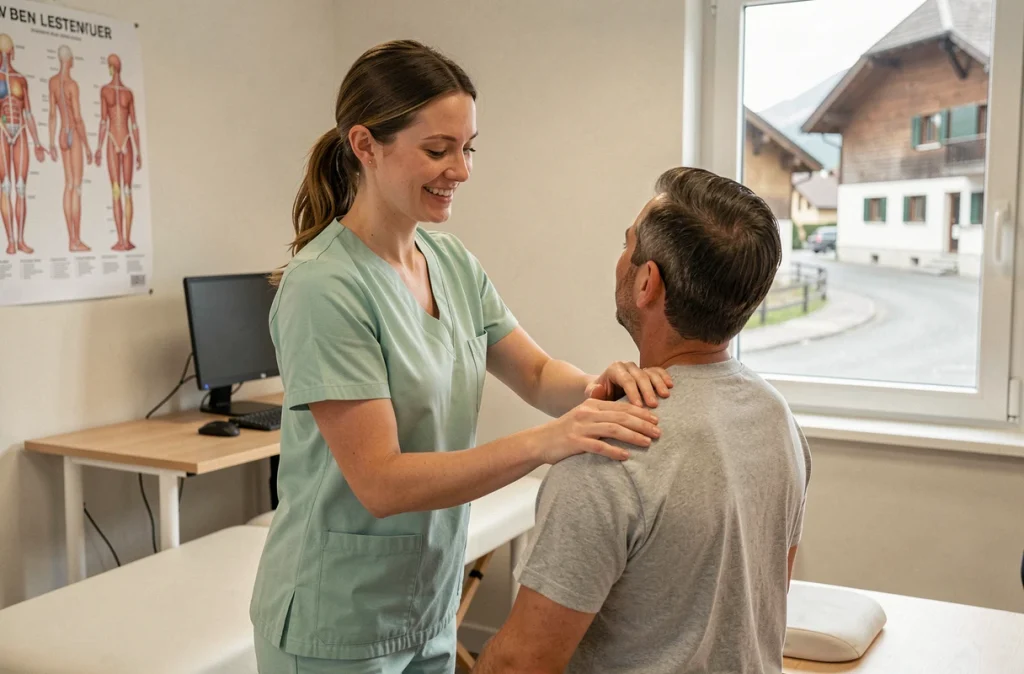 Kinésithérapeute généraliste réalisant une technique manuelle sur l'épaule d'un patient à Meythet
