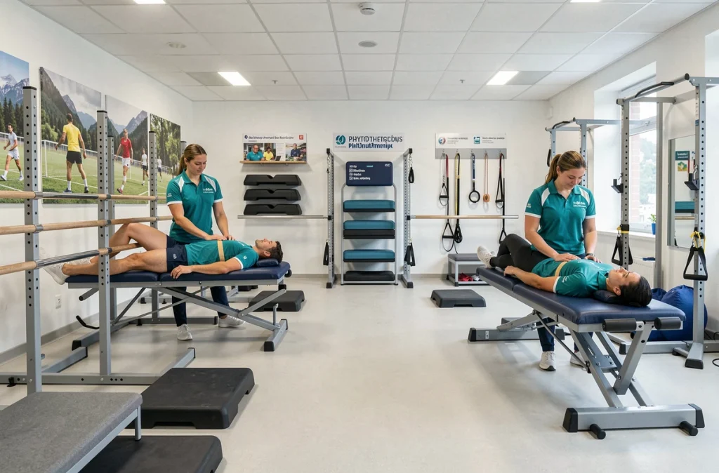 Cabinet multisites Physiosport74 à Annecy avec plusieurs kinésithérapeutes du sport travaillant simultanément dans un grand espace de rééducation