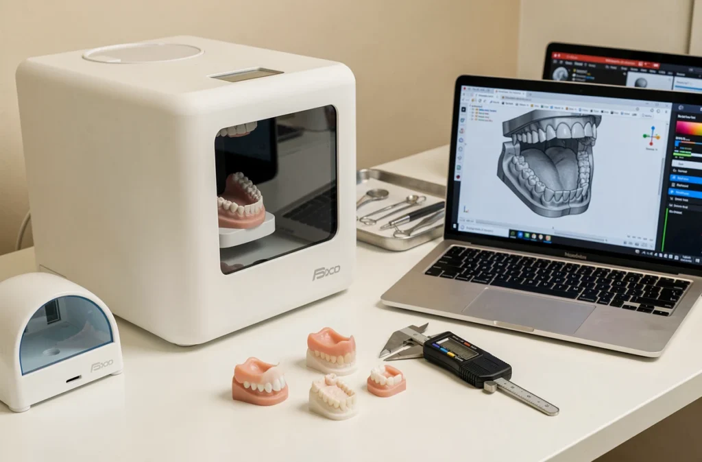 Bureau de cabinet dentaire avec imprimante 3D, modèles en résine et outils numériques de CAO dentaire
