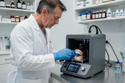 Technicien dentaire retirant un modèle imprimé en 3D d'une imprimante dentaire dans un laboratoire moderne