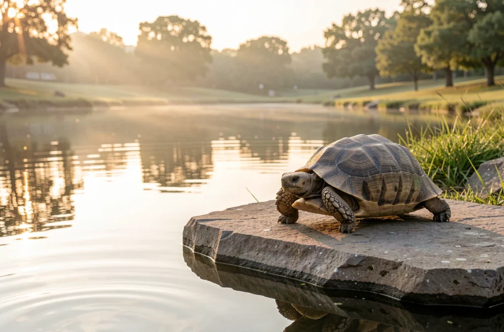 Tortue au bord d'un étang calme à l'aube