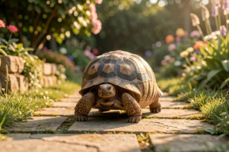 Tortue de terre avançant lentement sur un chemin de pierre